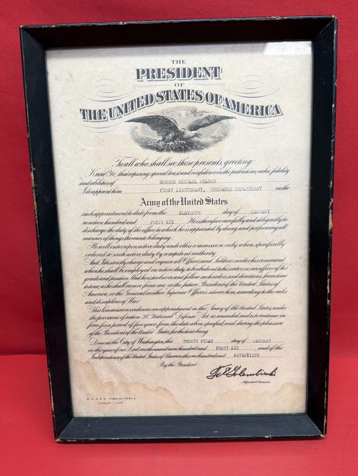 1946 US Army Presidential Military Commission 1st Lieutenant Truman Era Framed