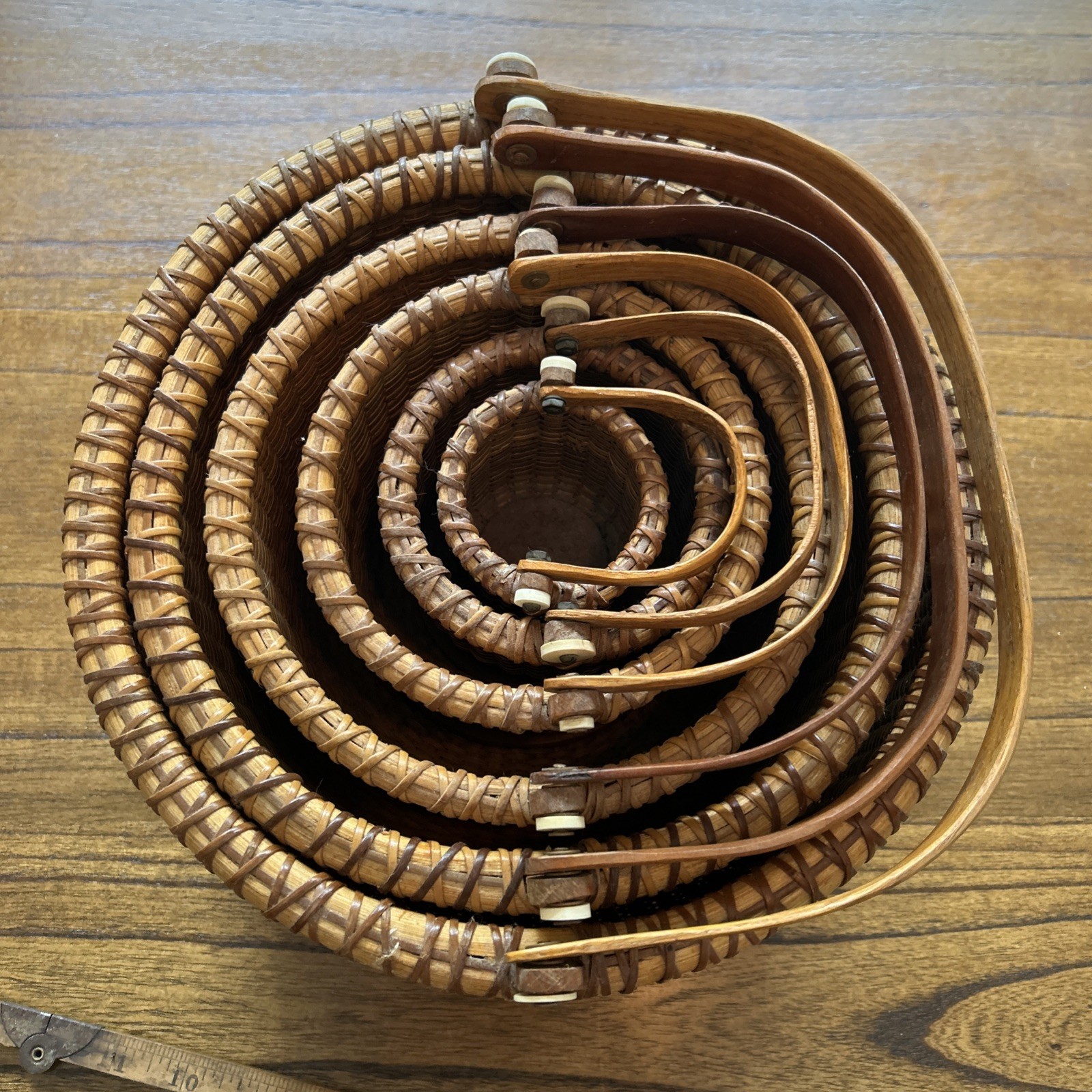 Vintage Nested Round Nantucket Baskets w/Handles-Set of 6-Signed ND 1987-1988