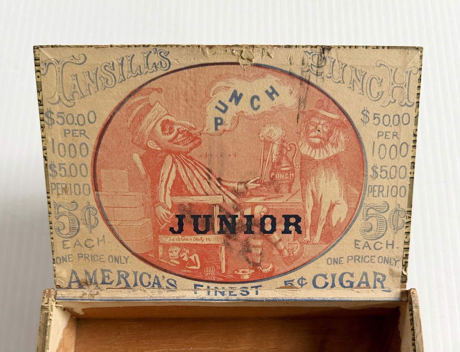 Rare Antique Tansill’s Punch Wood Cigar Box, America’s Finest 5¢ Cigar, Junior