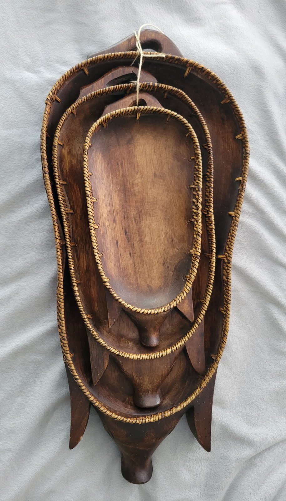 Vintage Nesting Carved Wood Pig Basket Serving Trays Fruit Wicker Braided Set 3