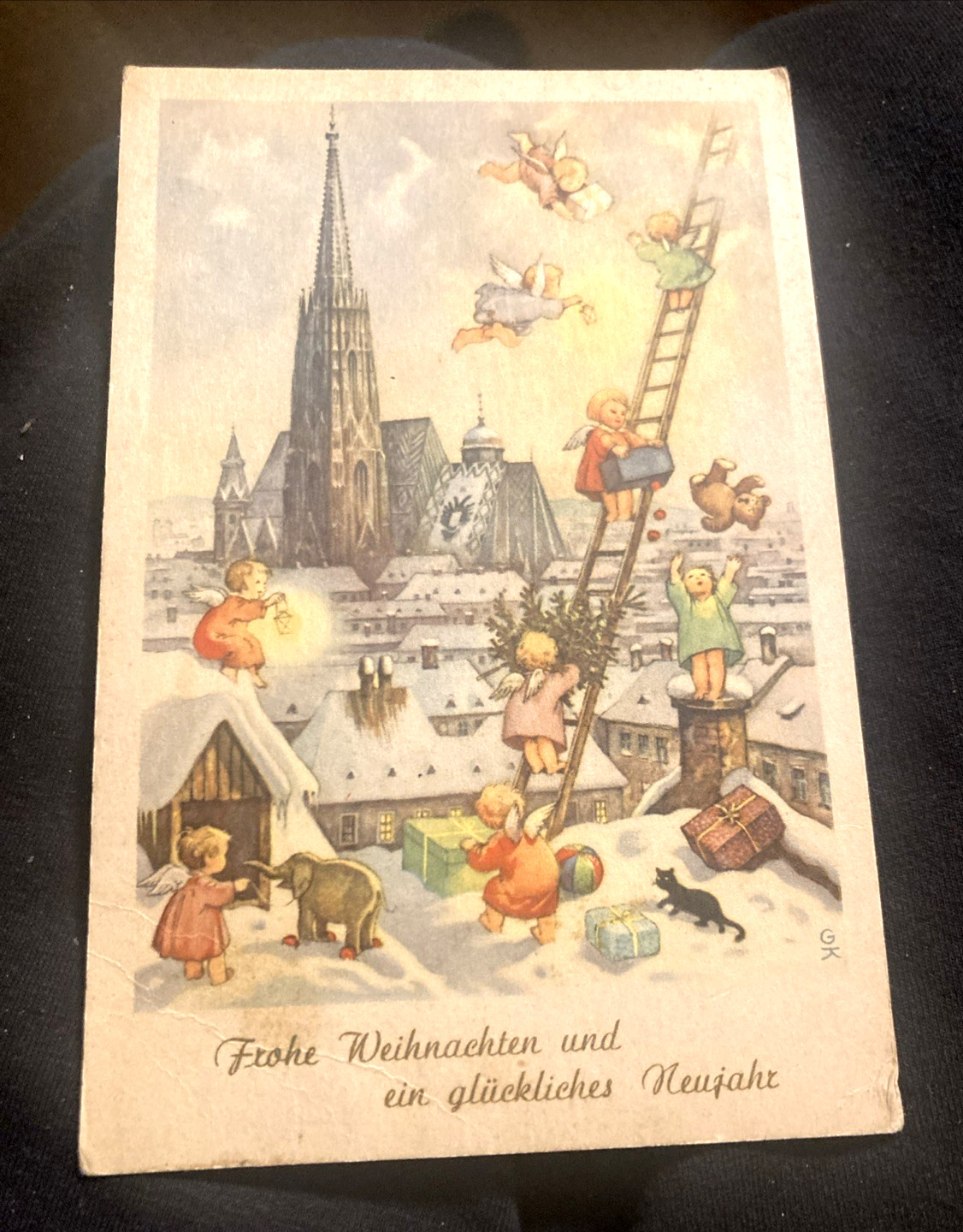 Antique Austrian Christmas Postcard featuring Cherubs & St. Stephen\'s Cathedral