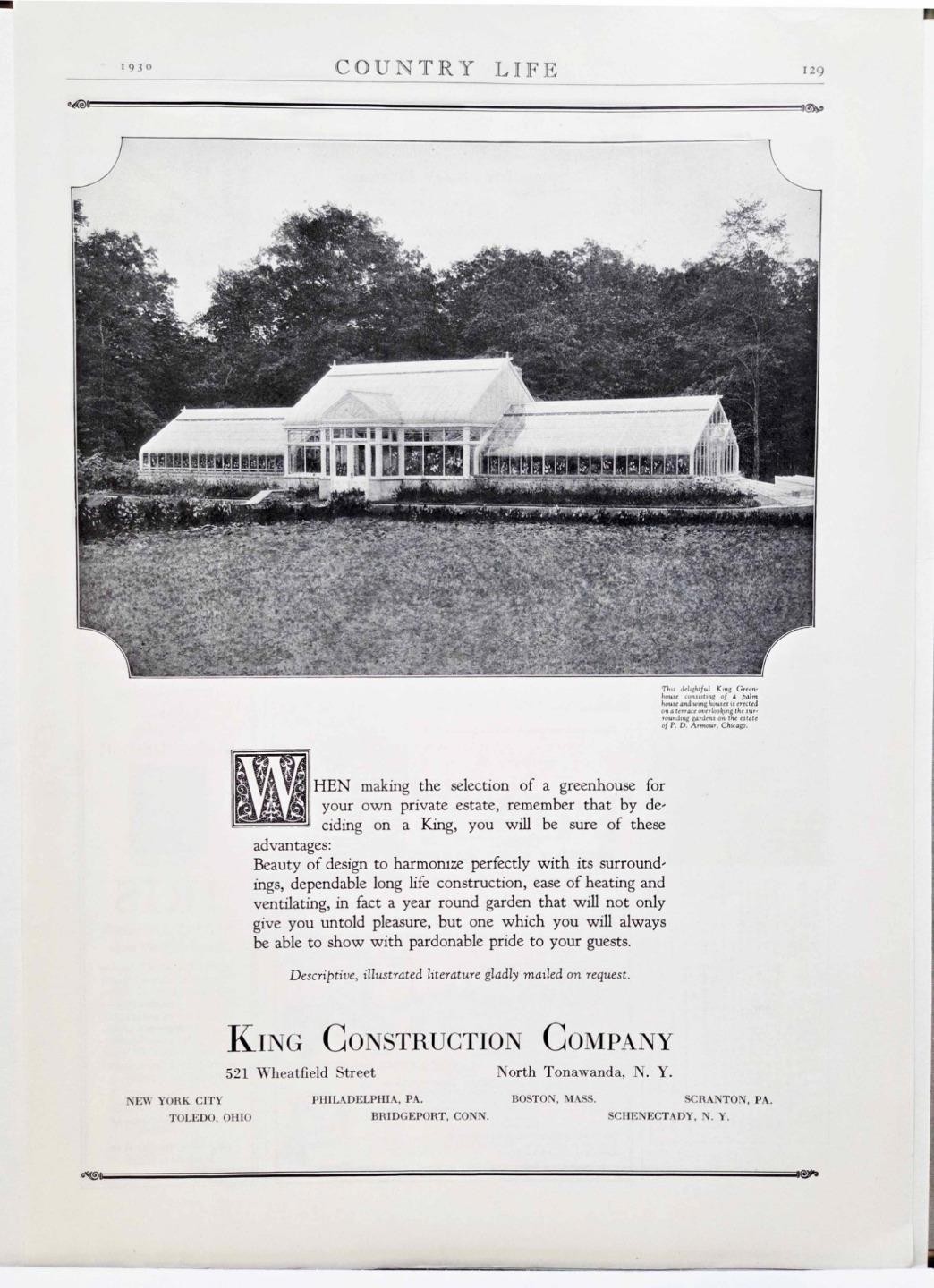 1930 Chicago P. D. Armour Estate Greenhouse King Construction Photo Print AD