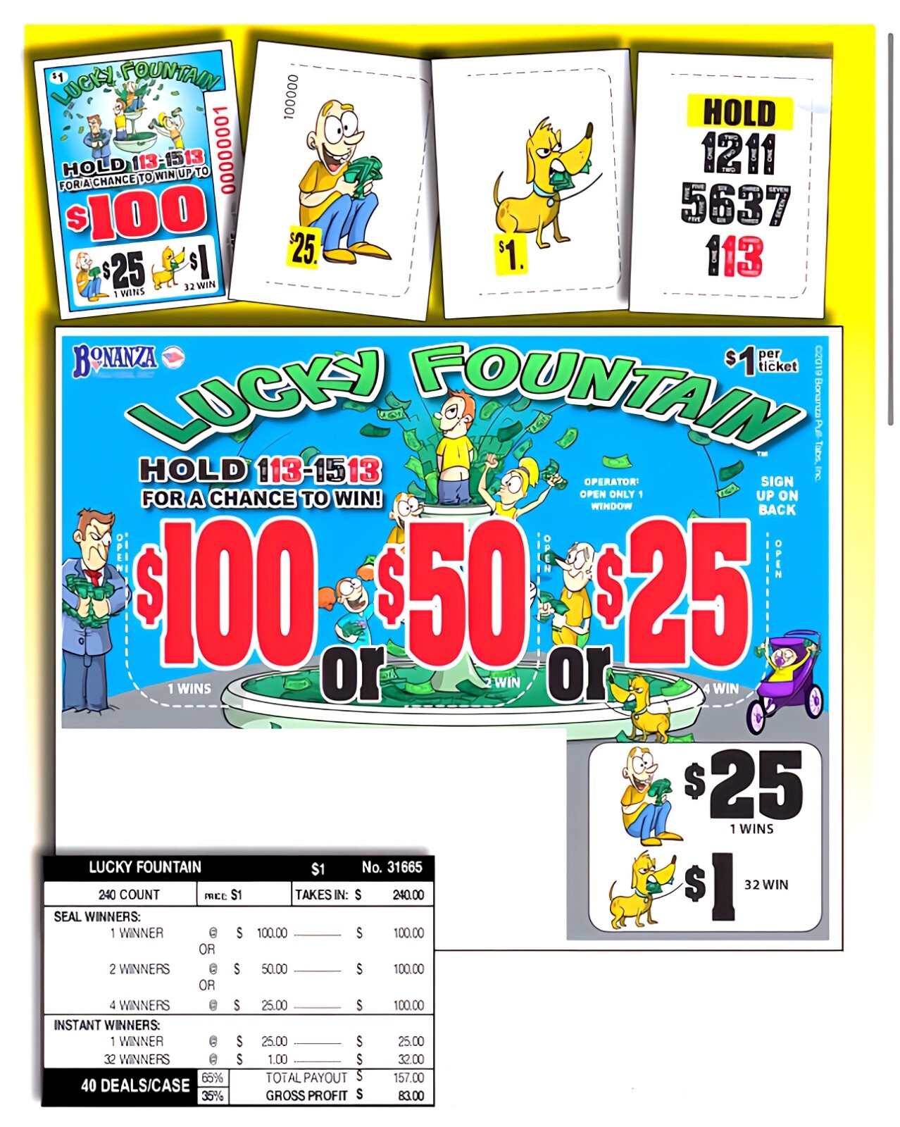 Pull Tab Ticket - Hard Card - Game - Lucky Fountain - 240 ct