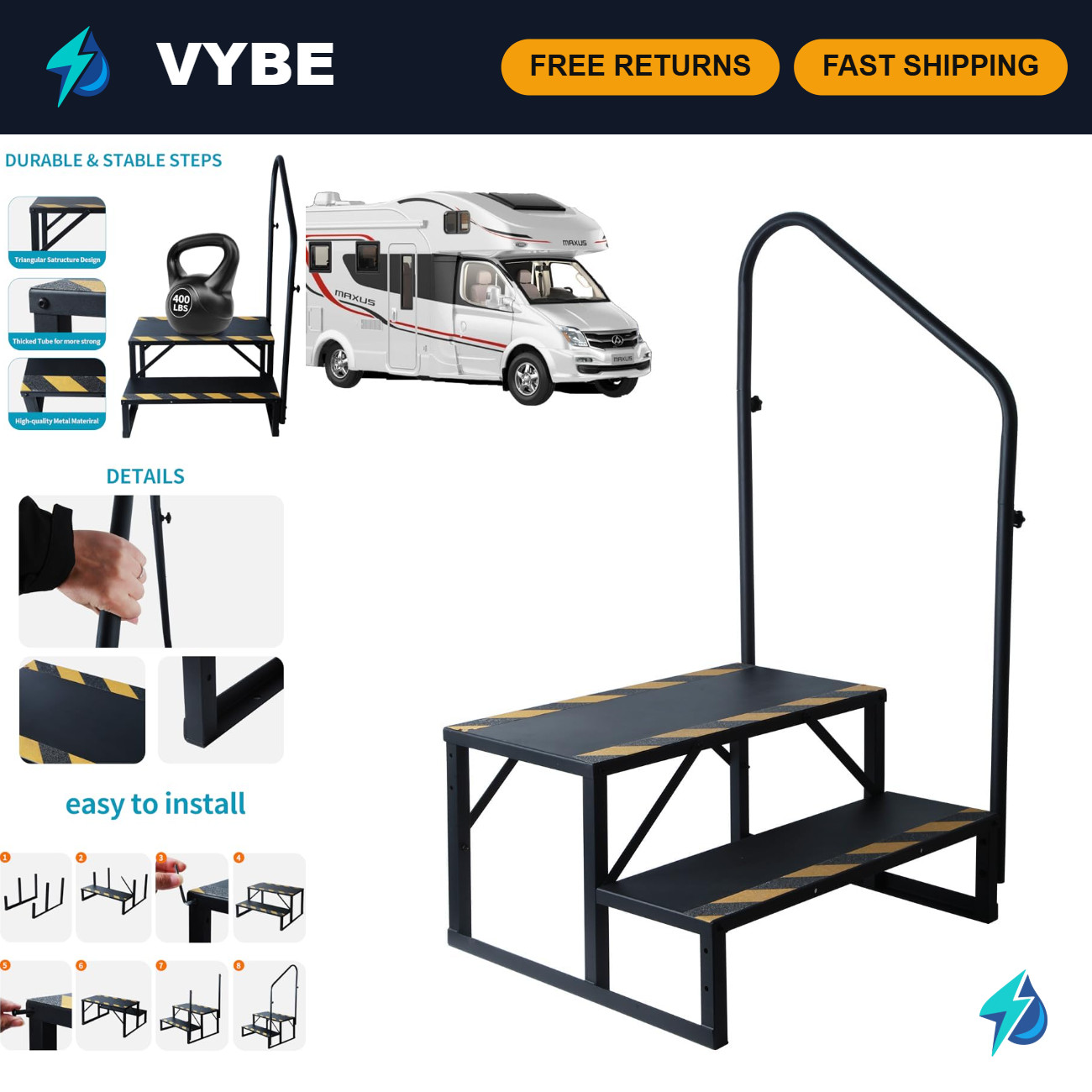 Stable 2 Step RV Steps with Handrail, Mobile Home Metal Stairs 400 LBS
