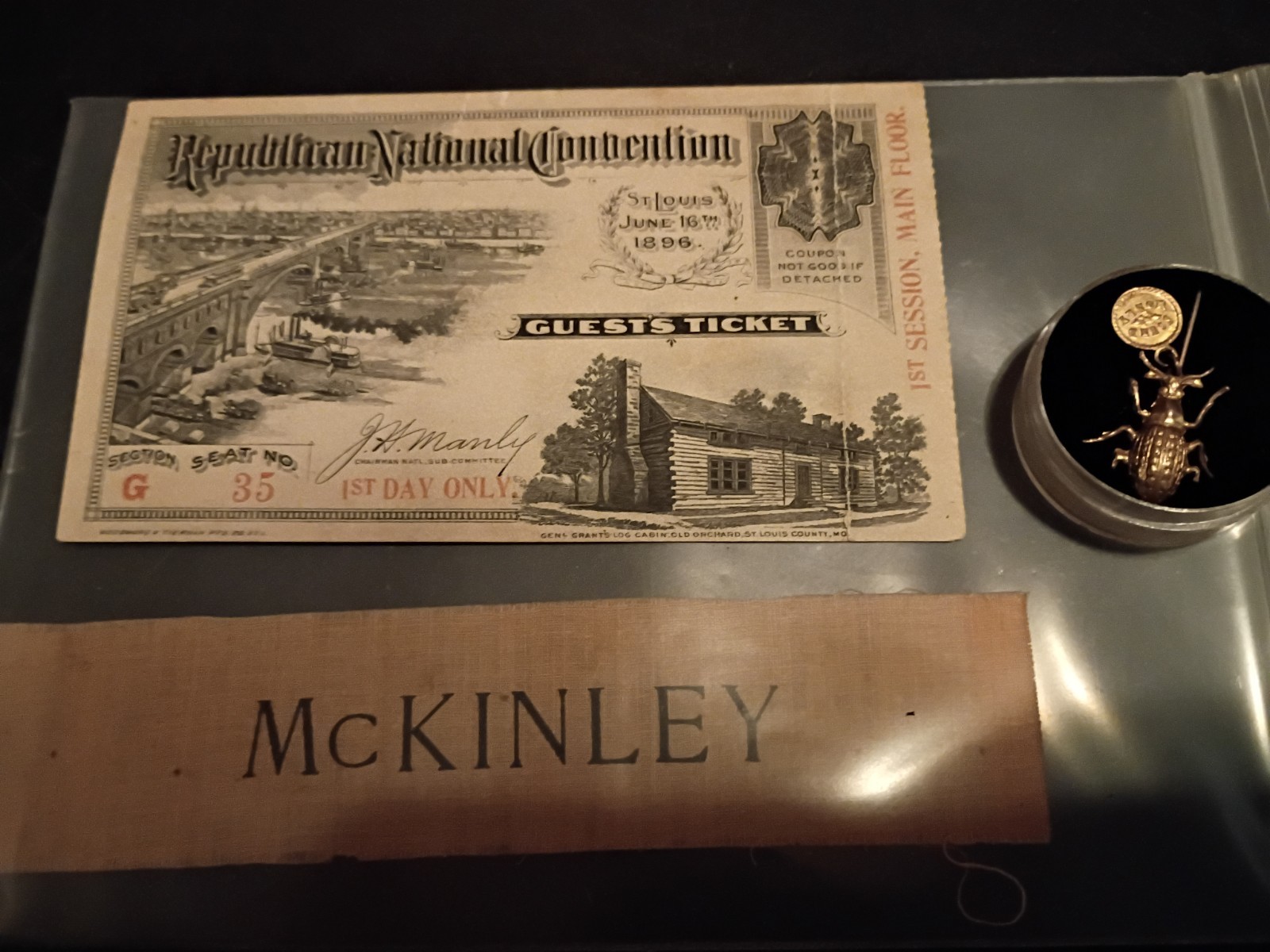 William McKinley Ribbon, Gold Bug Pin & 1896 Republican Convention Ticket