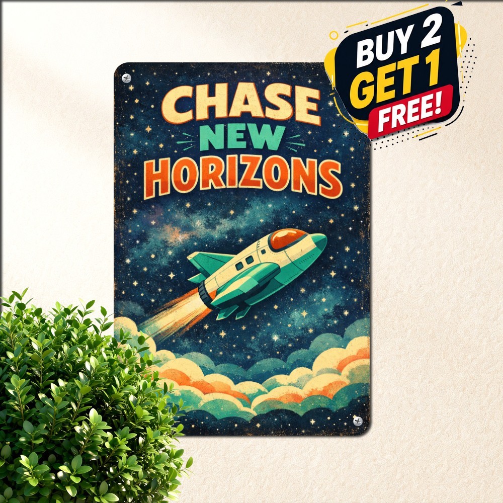 Retro Futuristic Rocket Launch Sign Vintage Sci-Fi Wall Decor Metal Tin Plaque