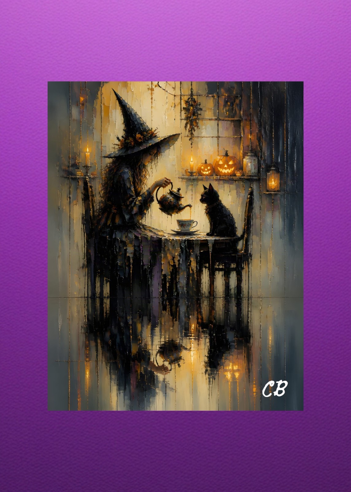 Witch Pours Tea for Cat ACEO Giclee | Halloween Hollow Folk Art | Cozy