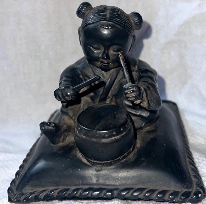 Antique Bronze 19th Century Chinese Sculpture Girl Playing Drum Figure