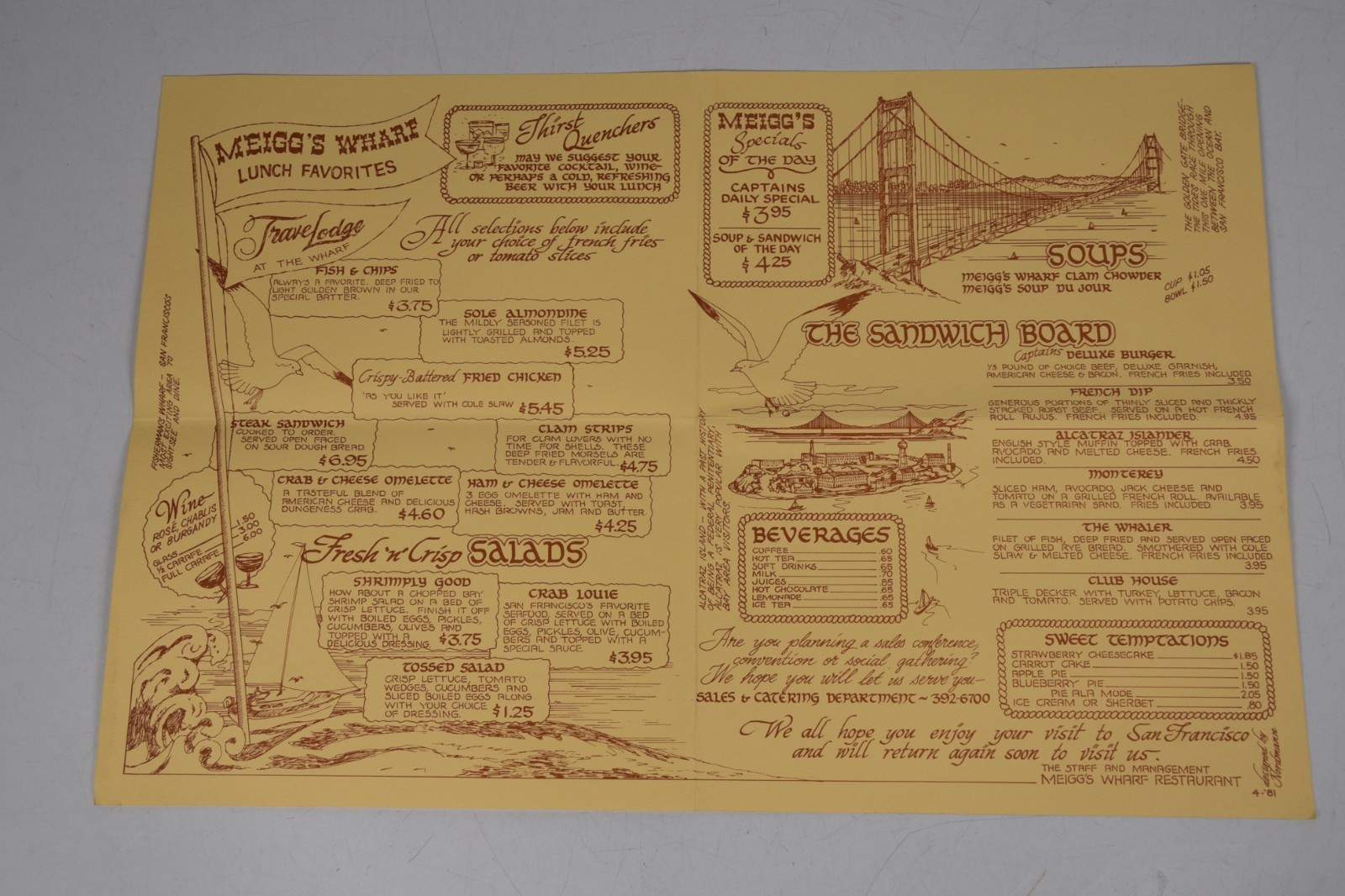 Vintage Meigg\'s Wharf Restaurant Menu San Francisco Retro 1980s