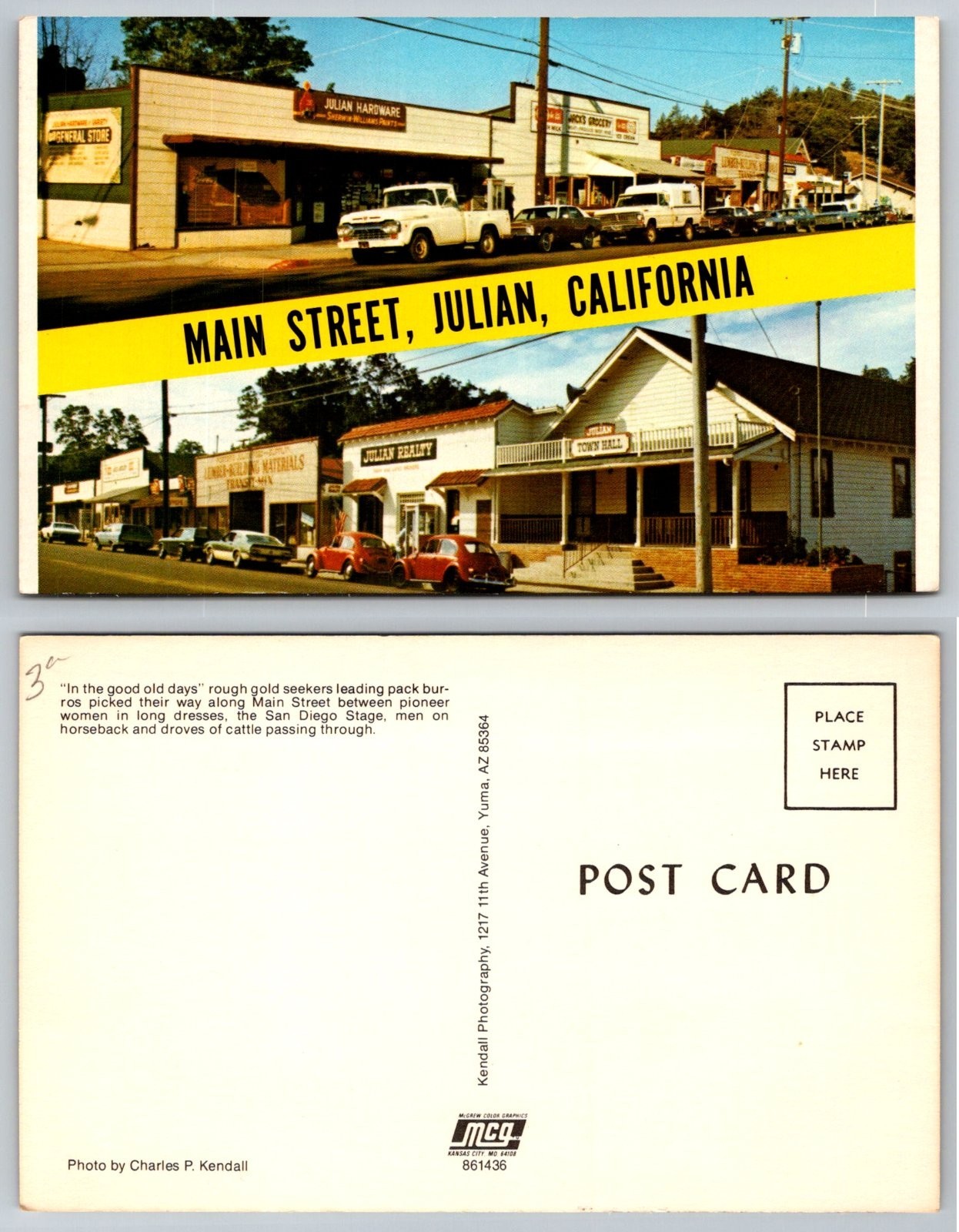 Standard Julian California Main Street Town Hall Cars Postcard