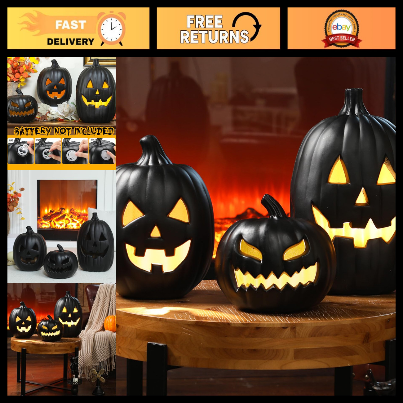 3 Pcs Black Halloween Jack O\'Lantern Decorations with LED Lights - Spooky Decor