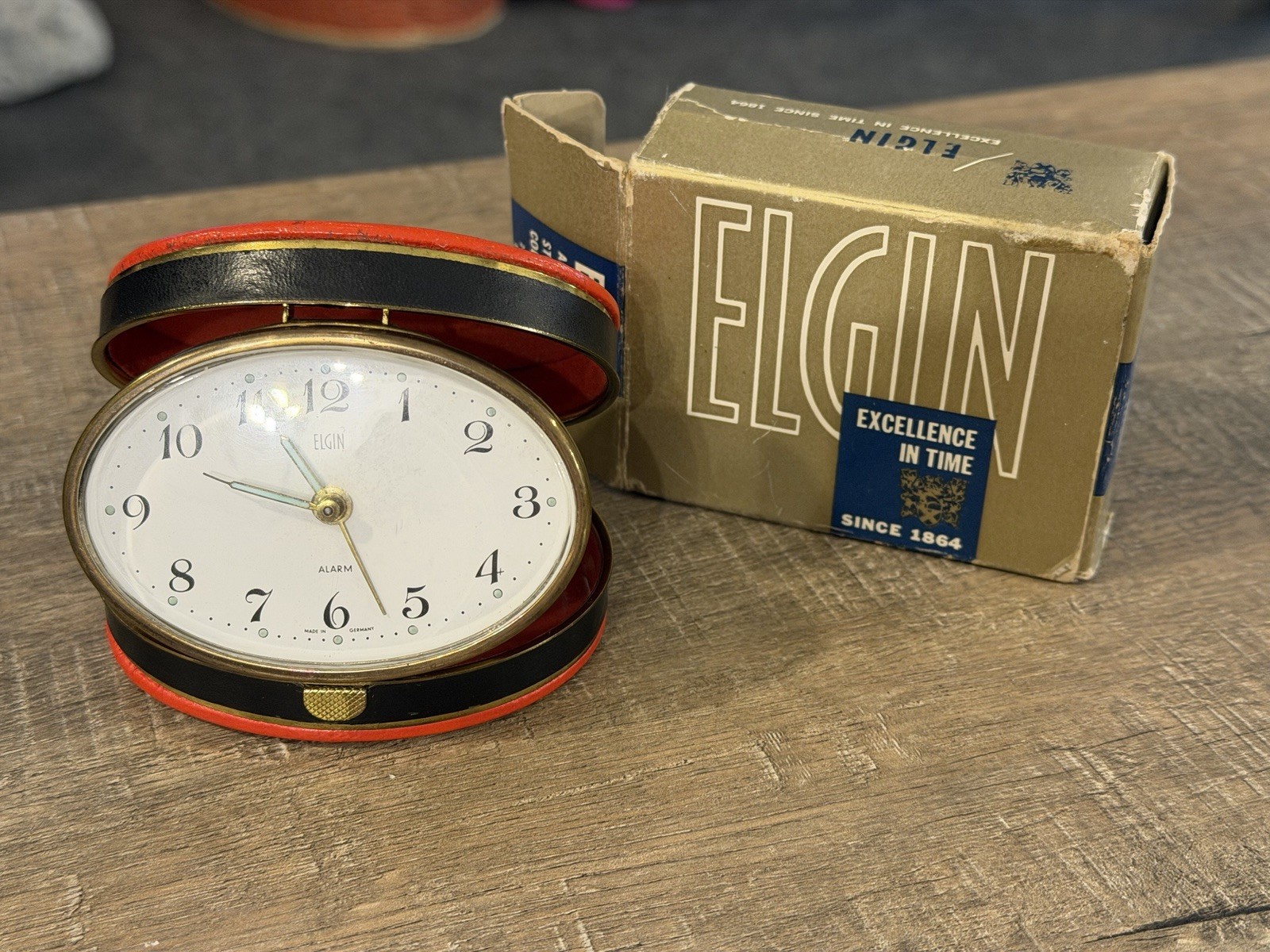 Vintage Elgin Travel Alarm Clock w/Box New Old Stock Works Very Pretty Red