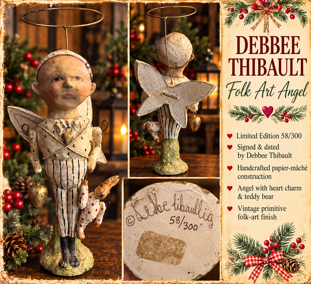 Beautiful Debbee Thibault original folk-art angel, handcrafted in her distinctiv