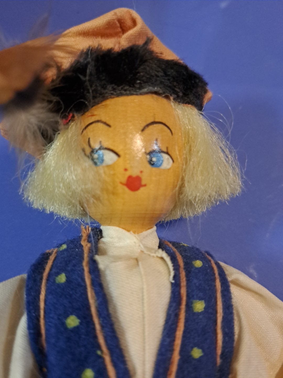 Vintage Gromada Polish Wood Folk Art Doll Boy In A Blue Vest Wooden Toy 8\