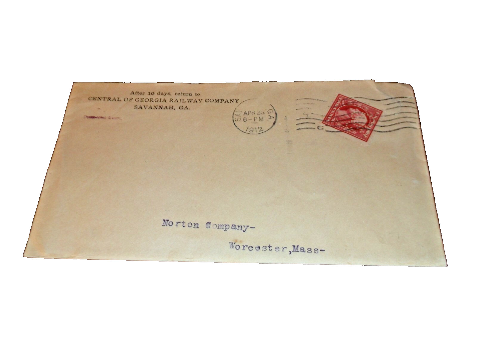 APRIL 1912 CENTRAL OF GEORGIA RAILWAY USED COMPANY ENVELOPE 