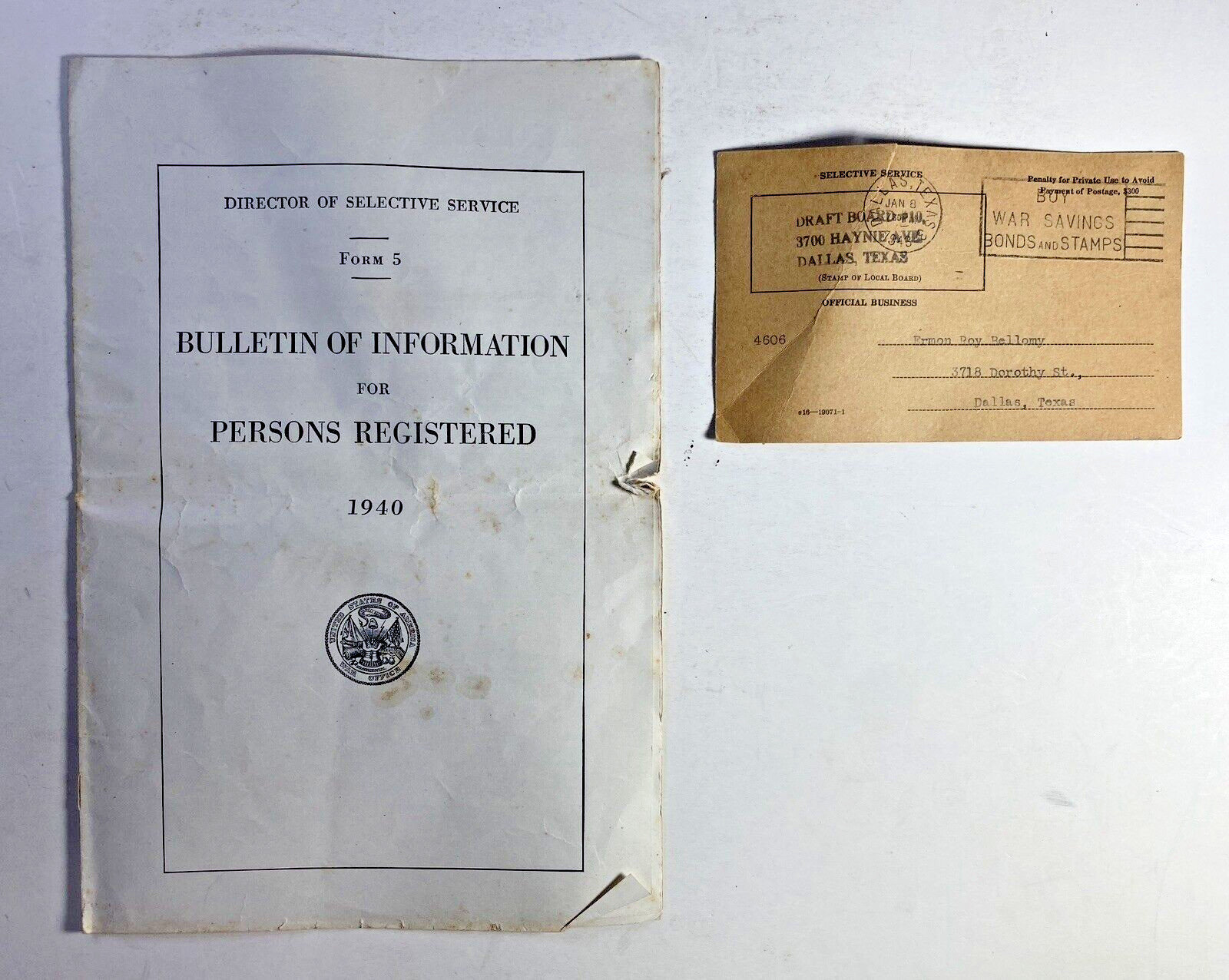 WW2 Bulletin of Info for Persons Regis. / Notice for Physical Exam Draft Card TX