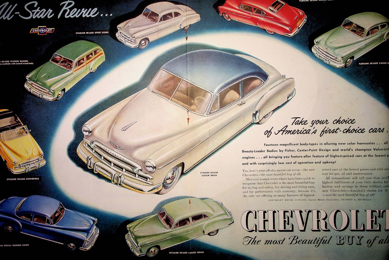 Original 1949 Chevrolet Ad: \'49 Seven Models rotating One Chevrolet Model