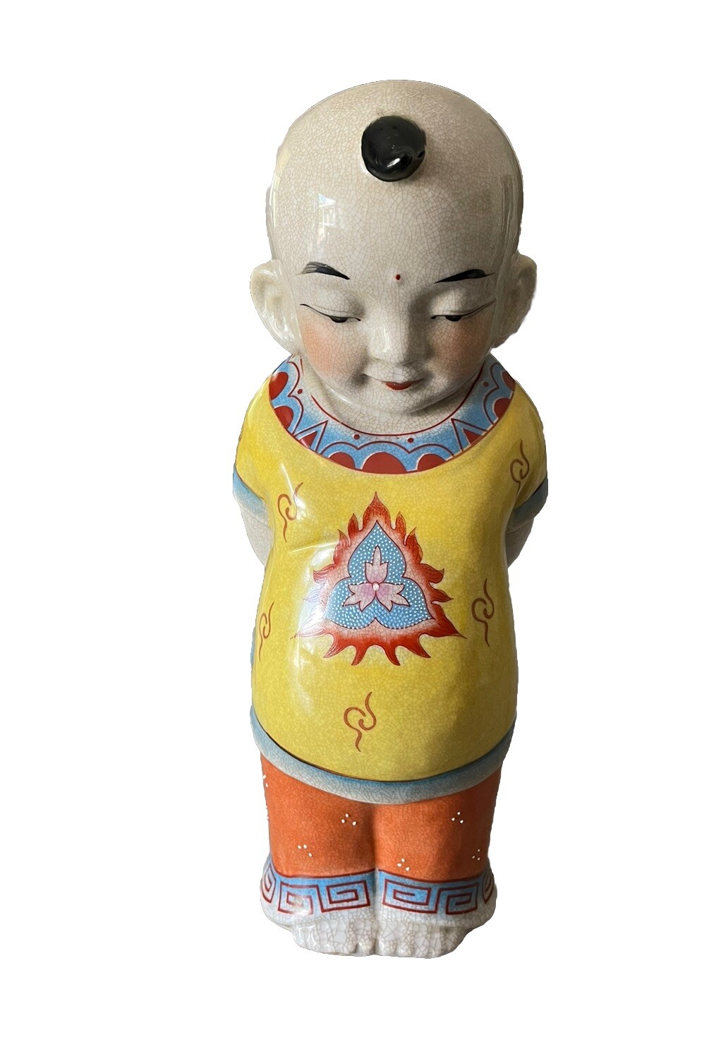 Vintage Chinese Famille Rose Boy Statue/Figurine Crackle Glaze Porcelain 12 Inch