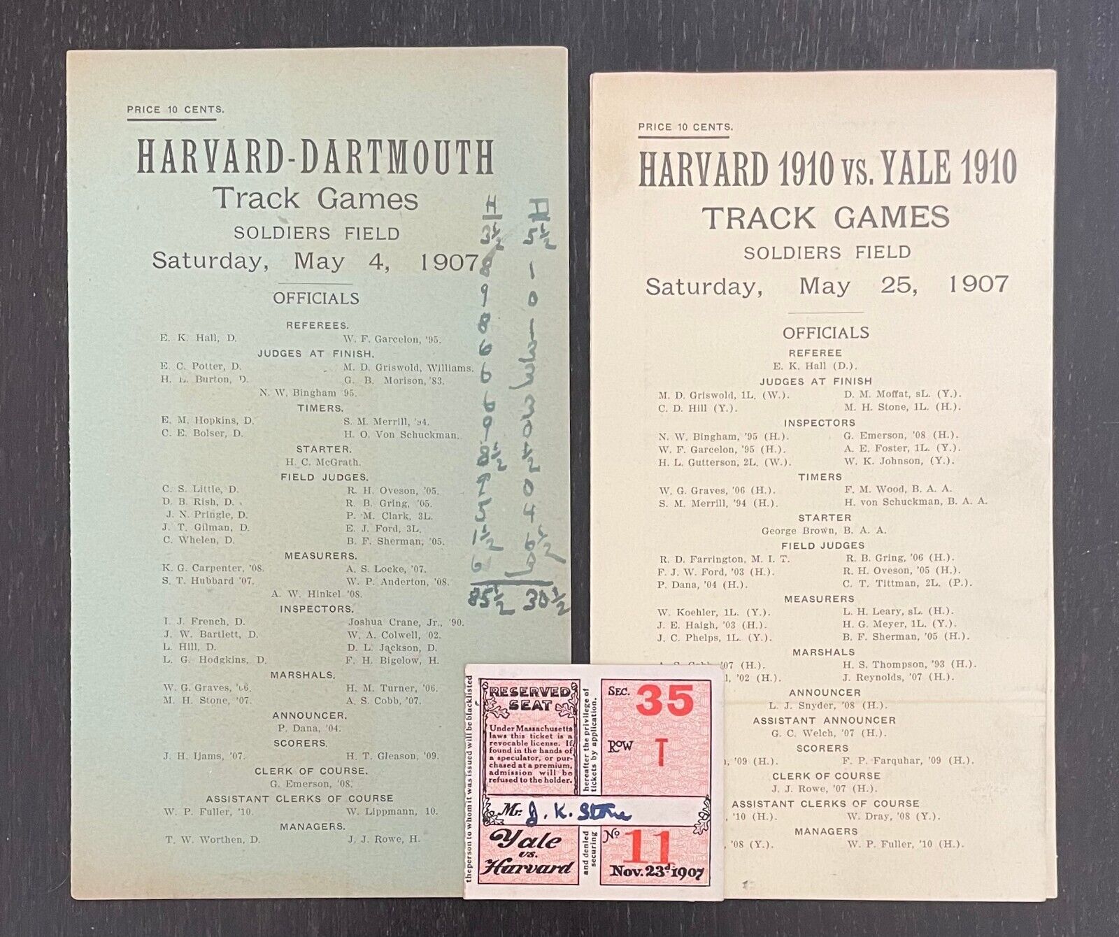 1907 HARVARD VS. YALE & HARVARD VS. DARTMOUTH TRACK GAMES SCORE CARDS & TICKET