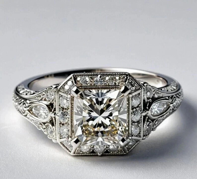 Princess-Cut Diamond Vintage Halo Wedding Ring In 14K Gold White Over For Women