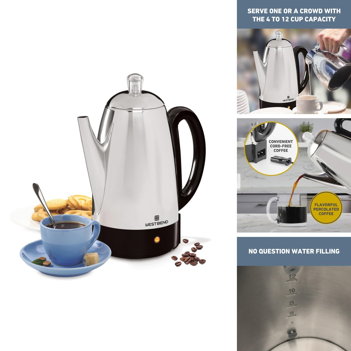 West Bend 54159 Electric Percolator Coffee Maker 12-Cup Silver