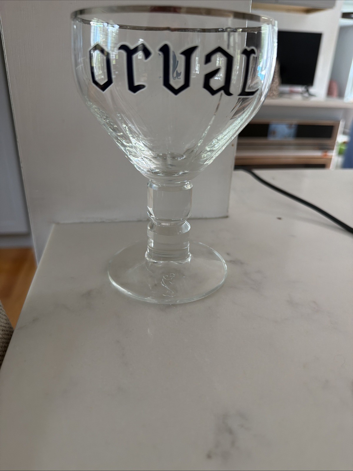 Orval (Trappist) Long Stemmed Ale Chalice Black Graphics Platinum Rim Trim