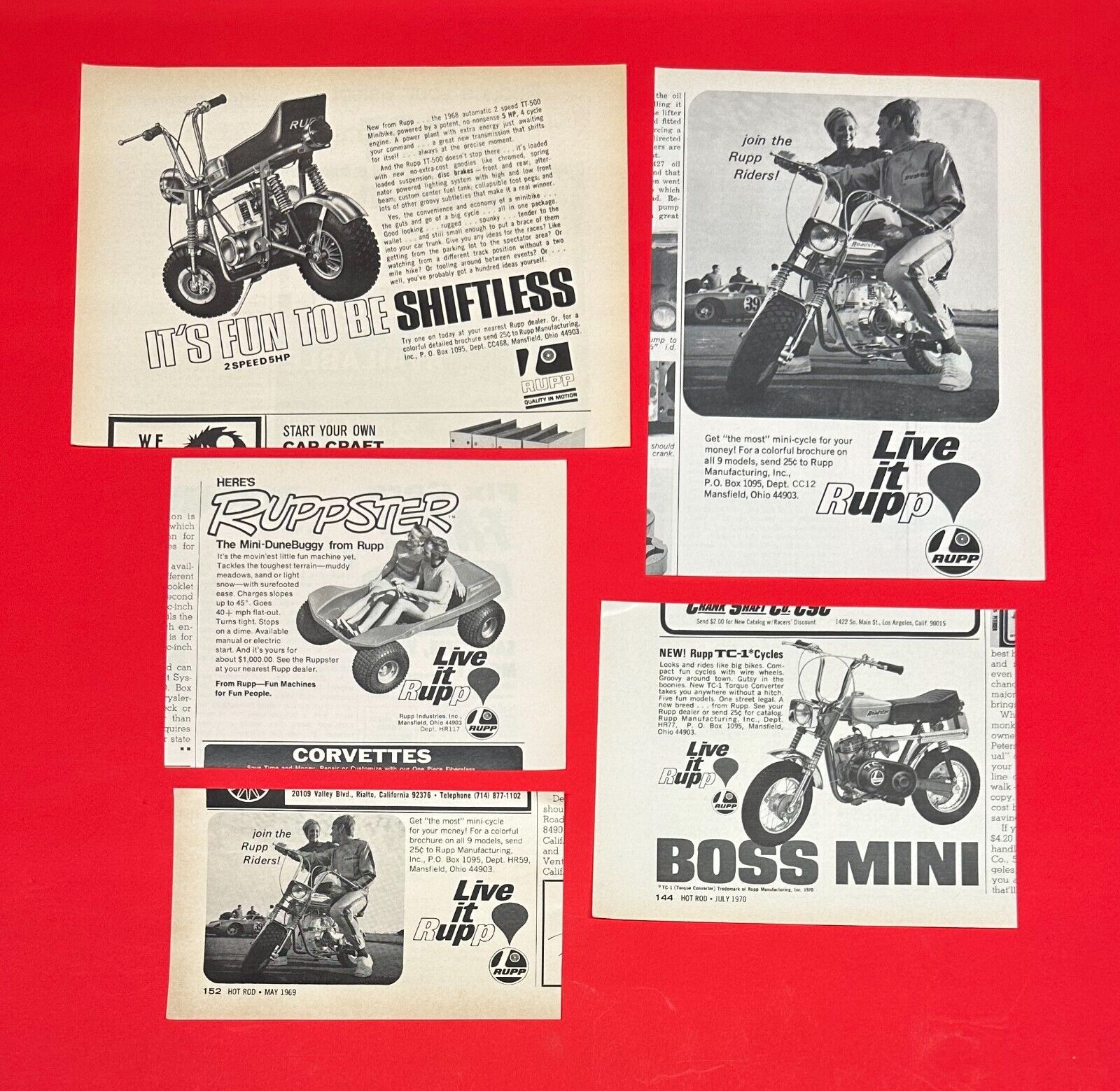 1968-70 Rupp Mini Bike TT-500 TC-1 Roadster Ruppster Vintage Magazine 5 Ad Lot