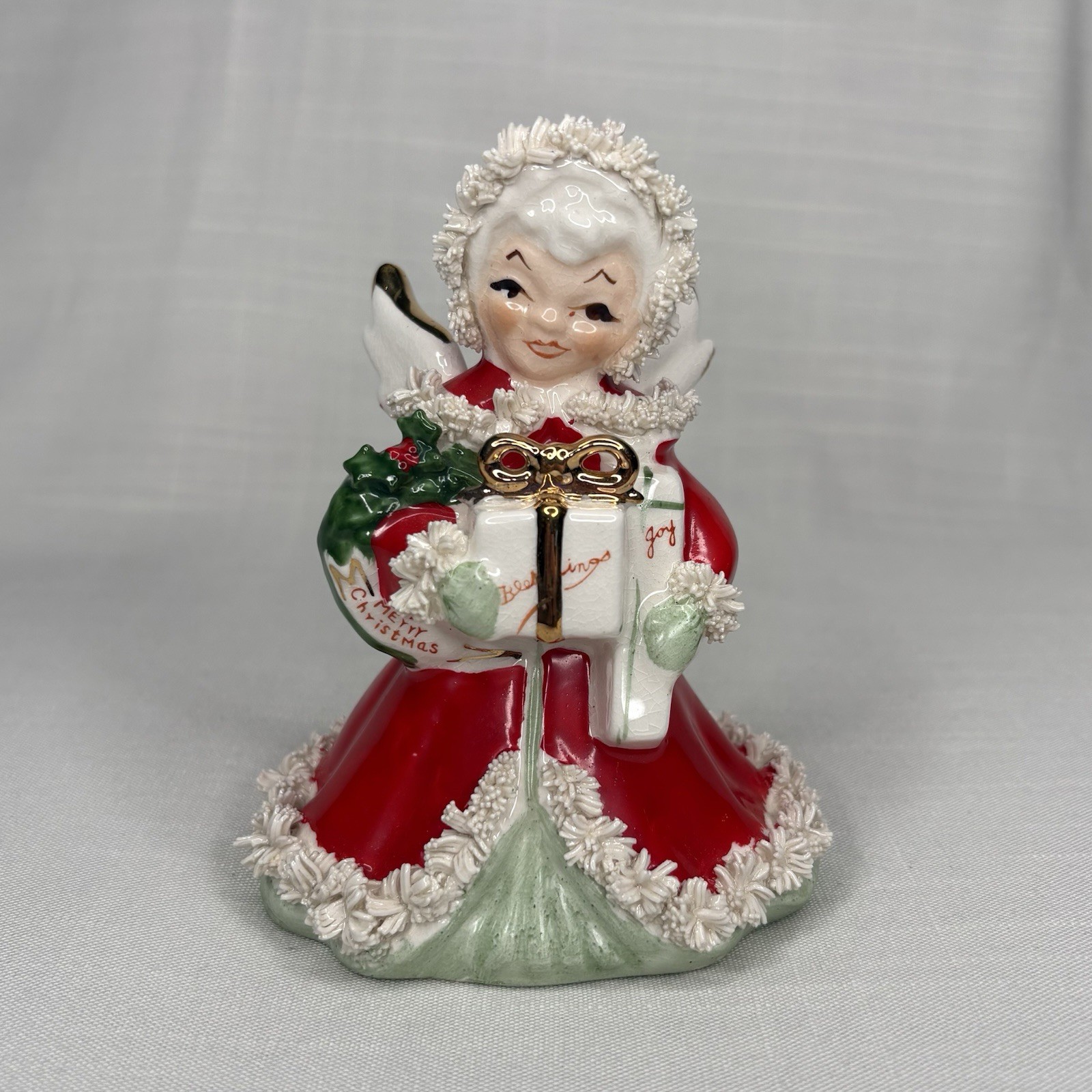 Vintage Napco Christmas Angel Spaghetti Trim Japan “Xmas Angel” Holding Presents