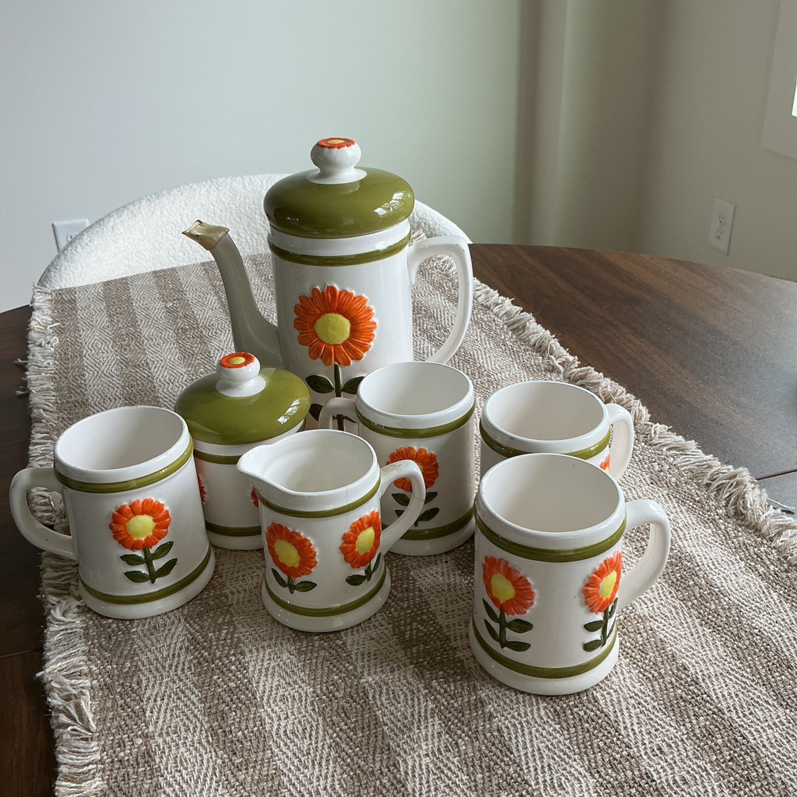 VTG 1970 Retro “ Flower Power” Daisy Ceramic Coffee Set.