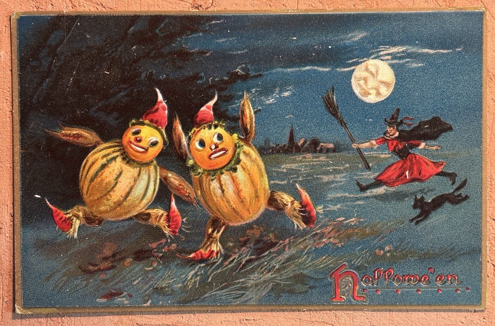 Antique Halloween Postcard Tuck Witch Moon Black Cat Florence Bamberger #484