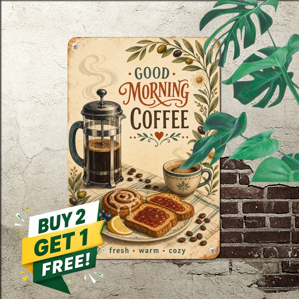 Cozy Breakfast Still Life Botanical Frame Sign Vintage Kitchen Metal Sign