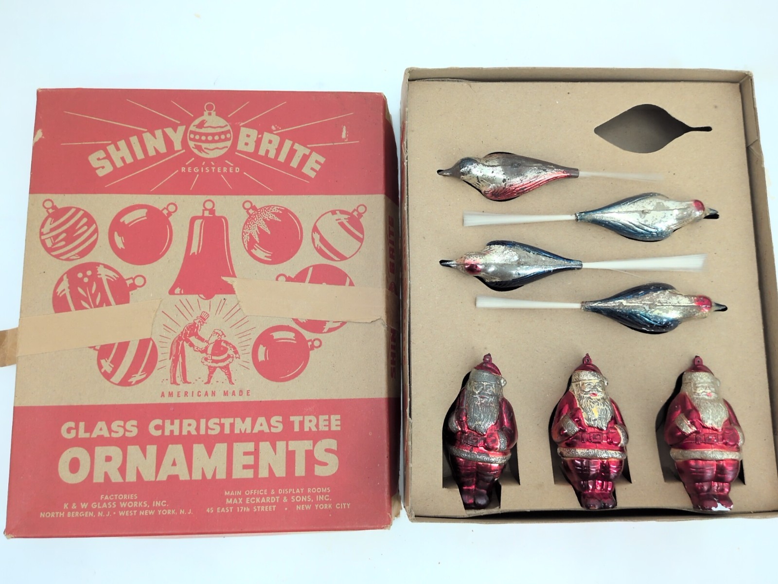 EXTREMELY RARE 1948 Shiny Brite Christmas Ornaments Plastic Santa  Birds In Box