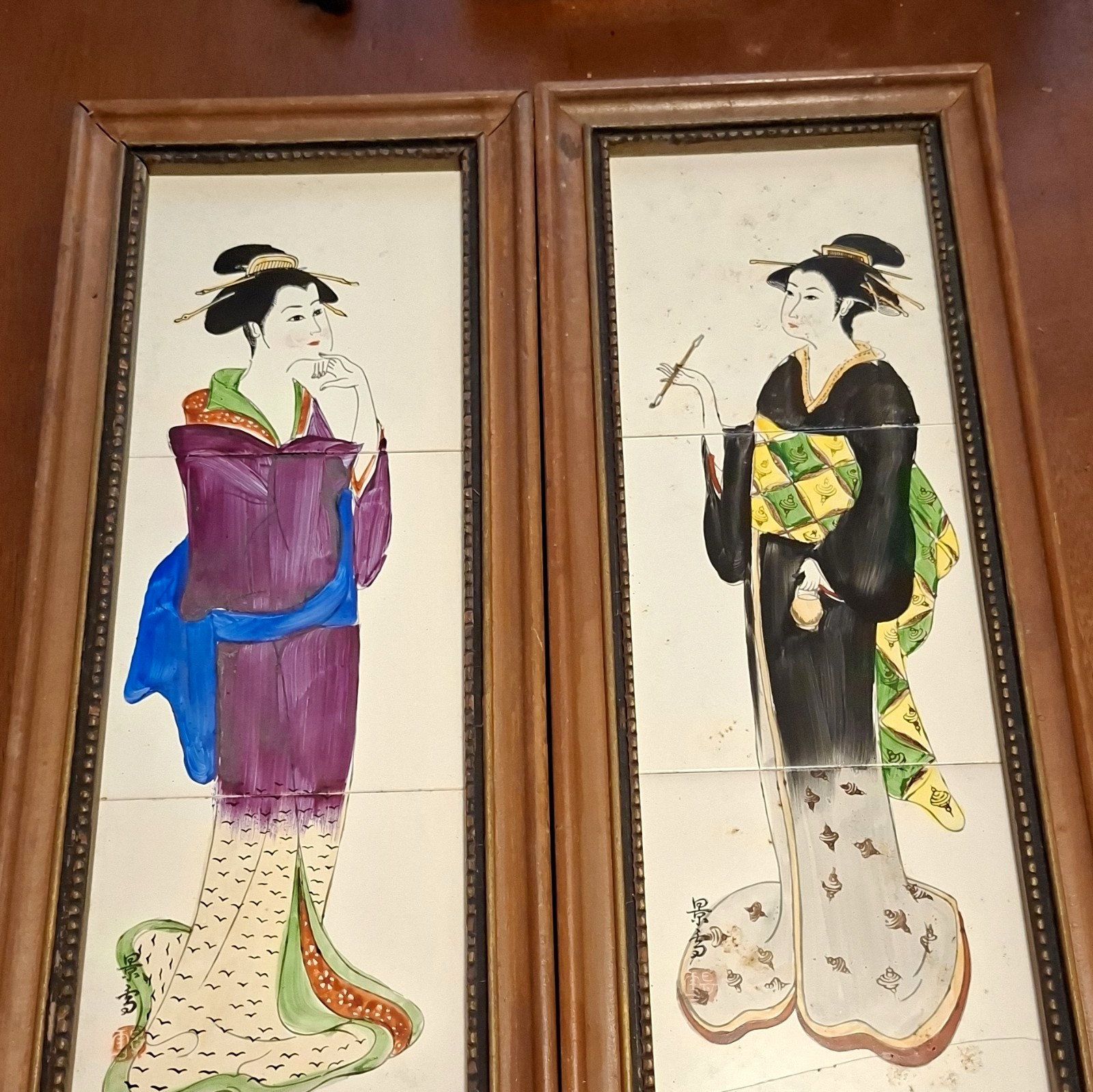 2 Pcs Vintage MCM Enesco Japanese Geisha Tile Wall Plaques Hand Painted Japan
