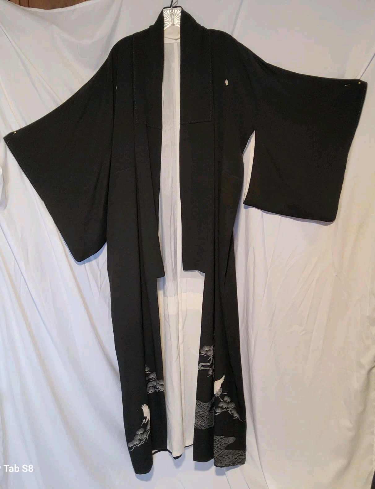 Vtg Japanese Formal Kimono Robe Black Silk With Beautiful Crane Design 61\
