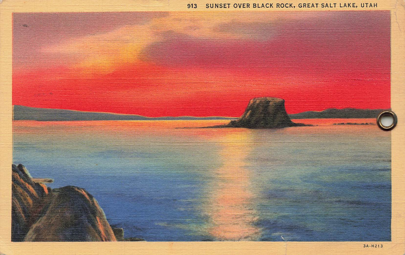 SUNSET OVER BLACK ROCK IN GREAT SALT LAKE POSTCARD SALT LAKE CITY UT UTAH 1933