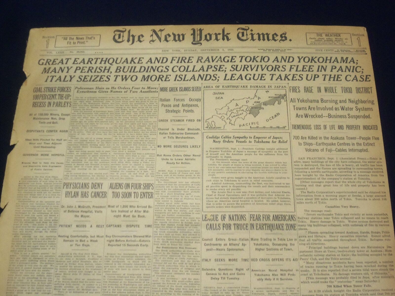 1923 SEP 2 NEW YORK TIMES - GREAT EARTHQUAKE RAVAGE TOKIO AND YOKOHAMA - NT 9346
