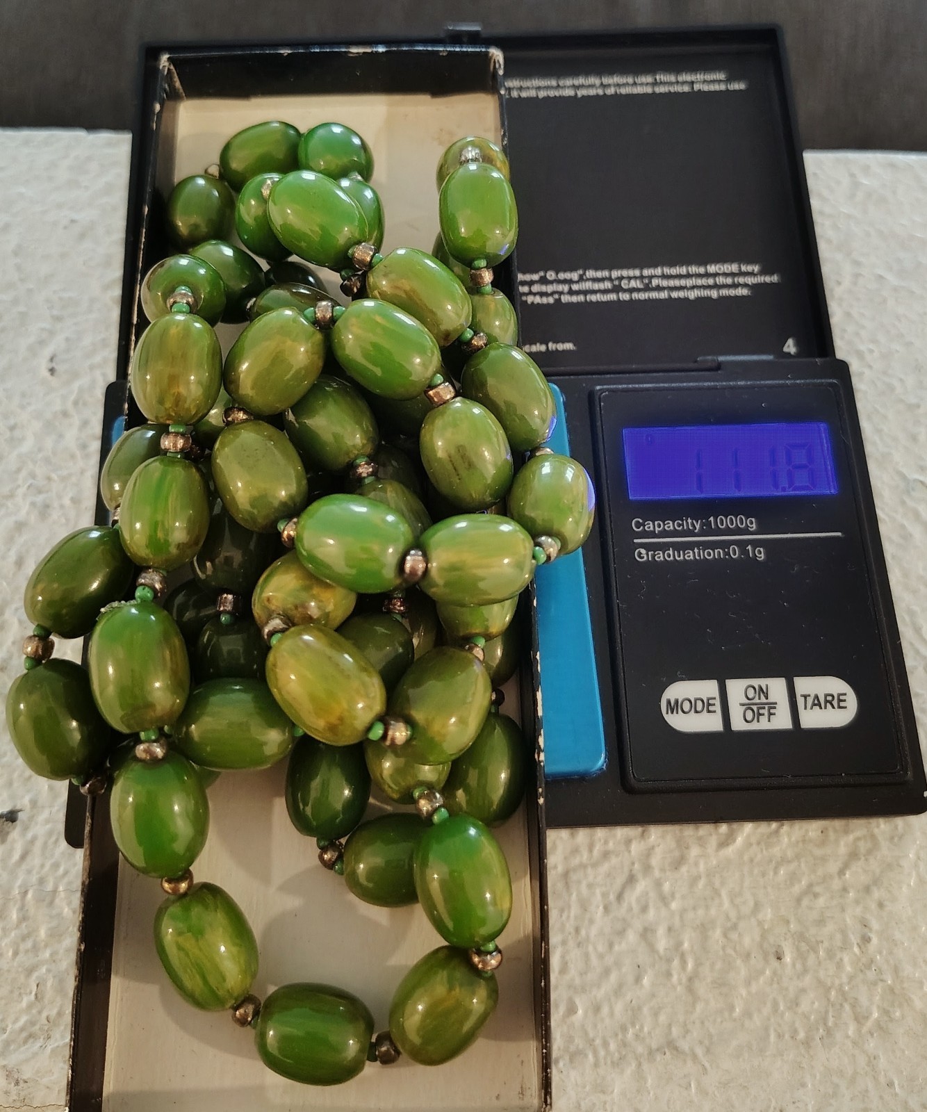 Vintage Green Catalin Bakelite Bead Necklace 65 Oval Beads Test Proven 111.8g