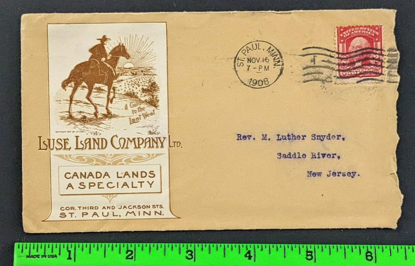Vtg 1908 Luse Land Company St Paul Minnesota Cowboy Horse Graphic Envelope