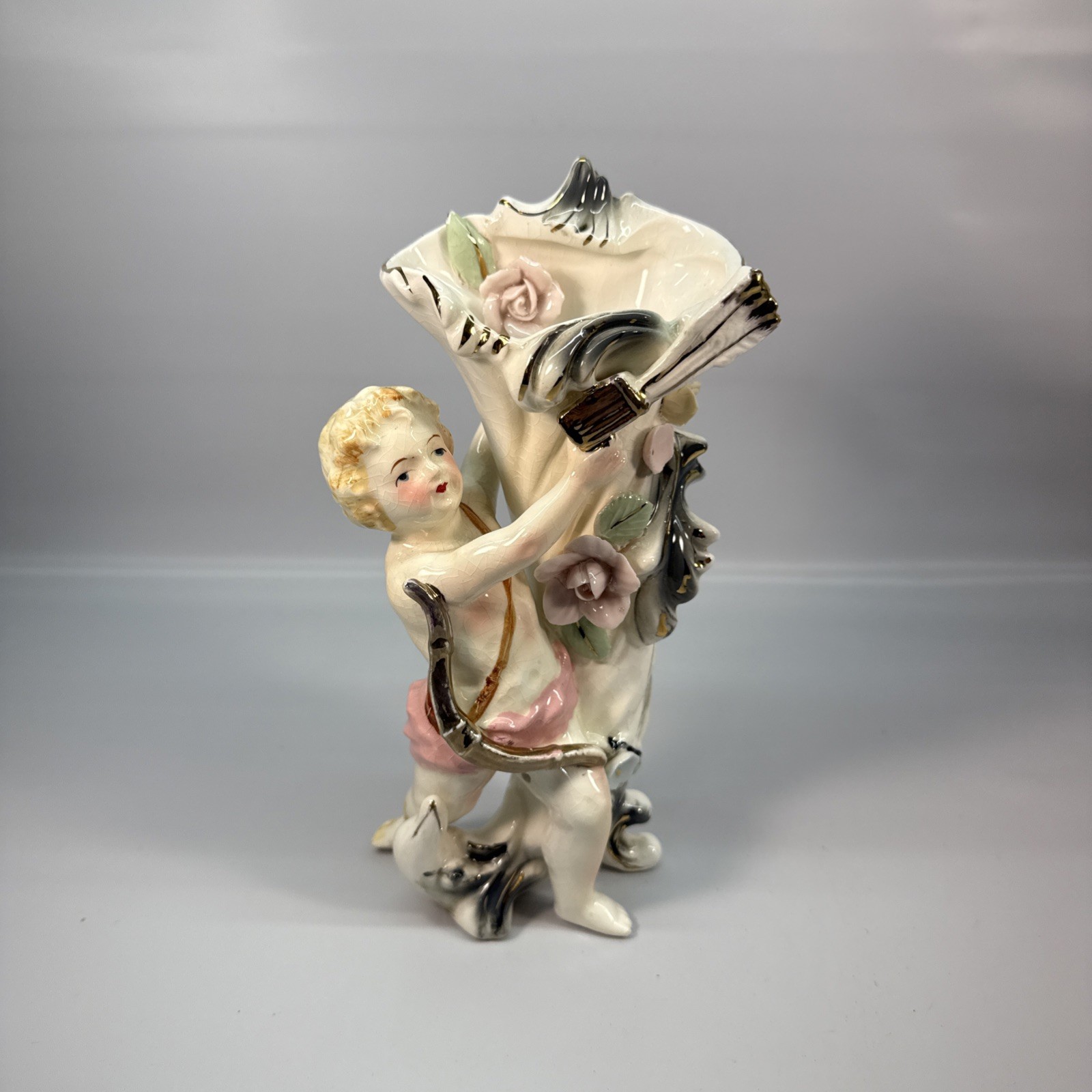 Vintage Japanese Porcelain Cherub Figural Rose Flower Cornucopia Bud Vase