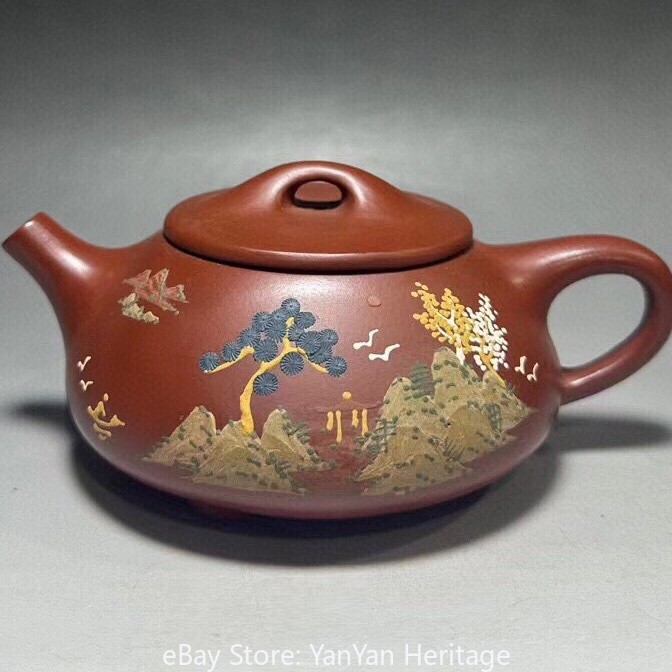 Handmade Yixing Zisha Teapot, Vintage Mountain Landscape, Script and Bridge Knob Handmade Yixing Zisha Teapot, Vintage Mountain Landscape, Script and Bridge Knob