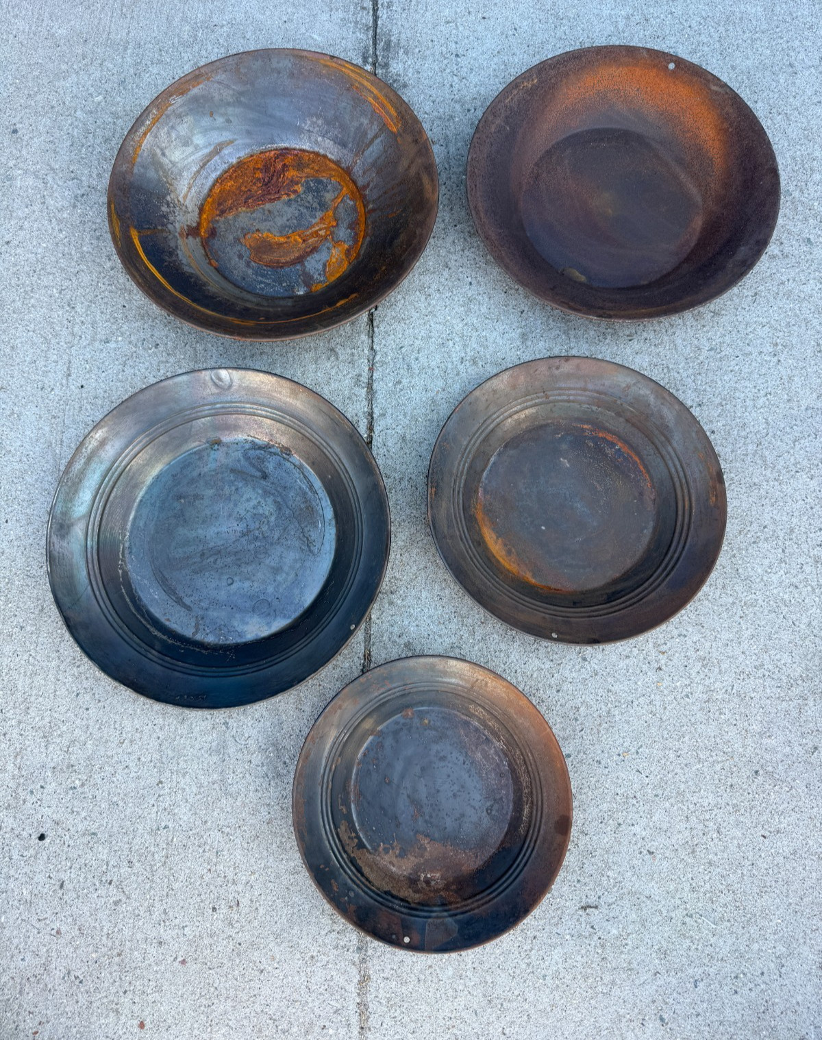 Lot of 5 Vintage Steel Gold Panning Pans Prospecting Mining Rustic Wall Decor