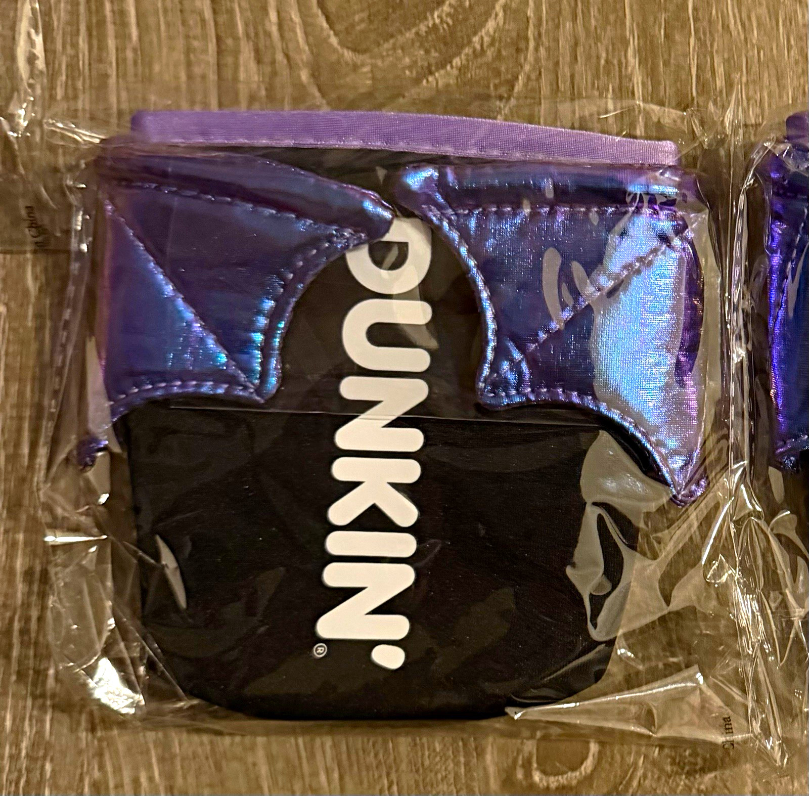 DUNKIN' HALLOWEEN BAT WING REUSABLE CUP SLEEVE Koozie 10/16/26 PURPLE in hand