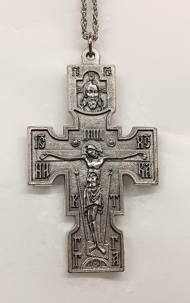 Handsome Large Deeply Etched Orthodox Crucifix St. Michael Angel Cross Necklace