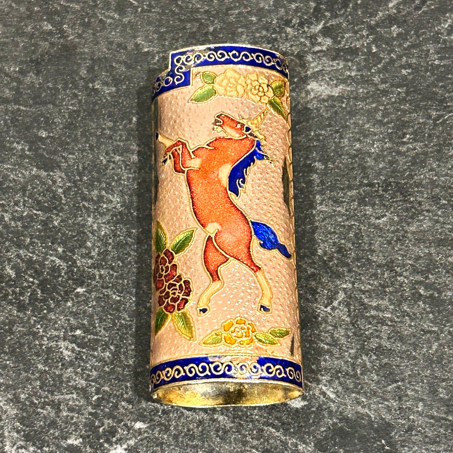 Vintage Cloisonné Unicorn Floral Enamel Metal Lighter Holder Case