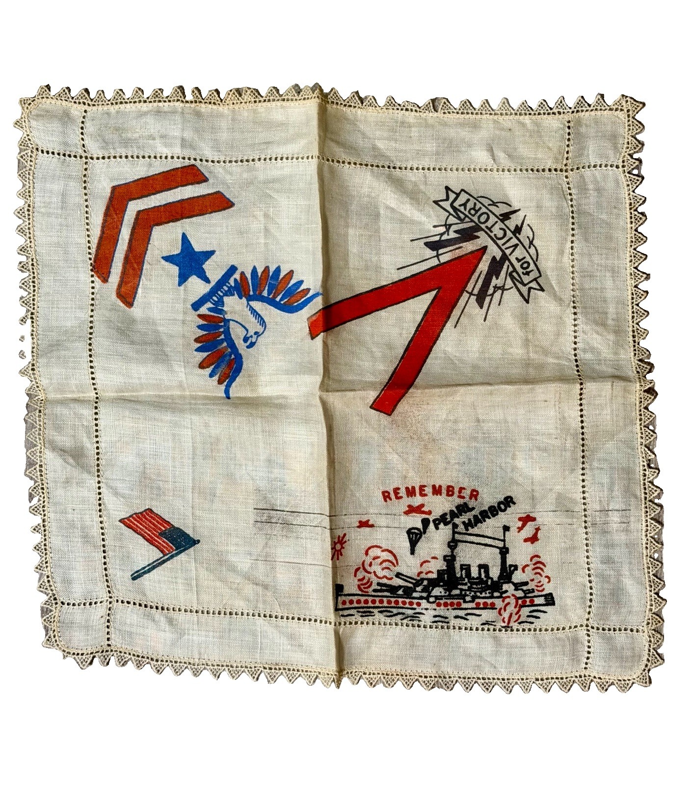 RARE WWII Era V for Victory Remember Pearl Harbor Handkerchief Linen 11”x11” HTF