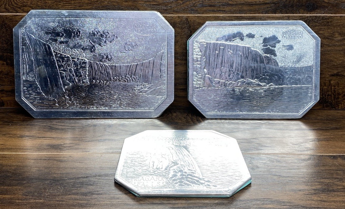Vintage Niagara Falls Metal Wrapped Wall Plaques Tray Relief Souvenir Lot of 3