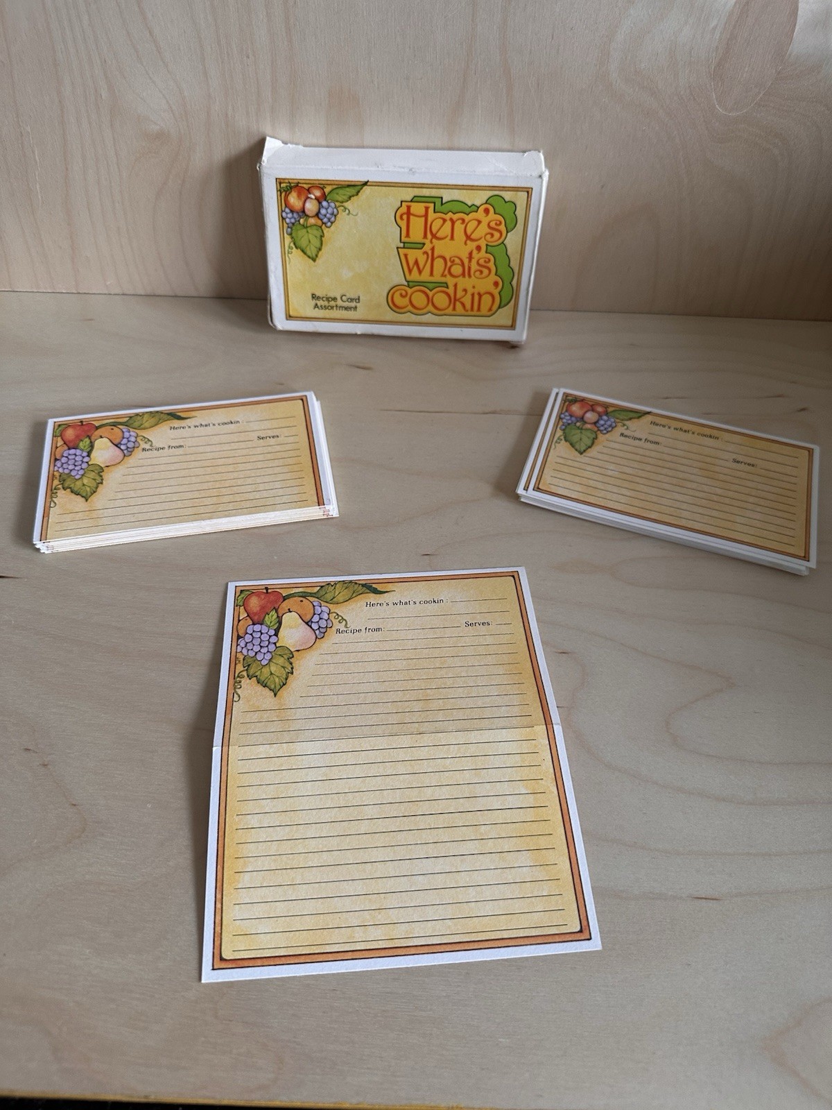 Vintage Here’s What’s Cookin Recipe Cards 27pc Retro Fruit Kitchen Original Box