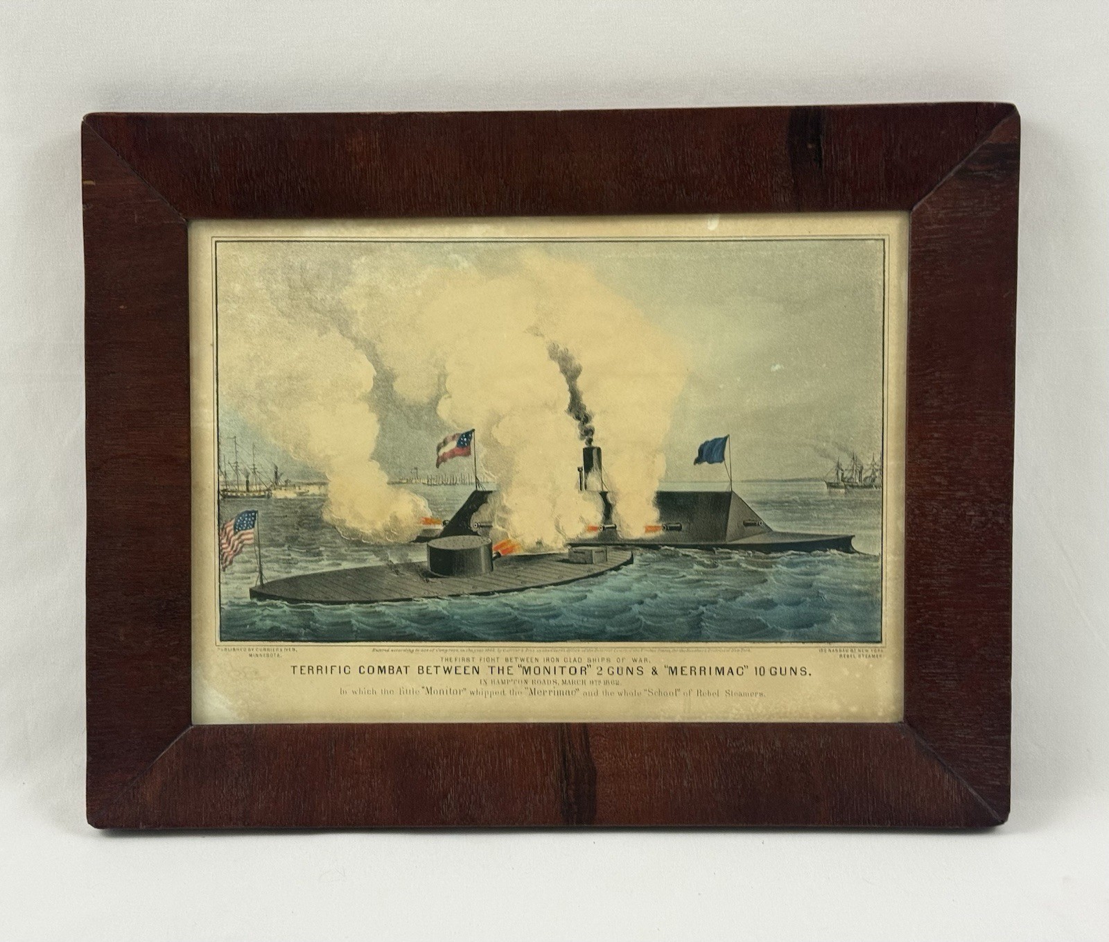 1862 Currier & Ives USS Monitor Merrimac Civil War Hand Colored Lithograph Print
