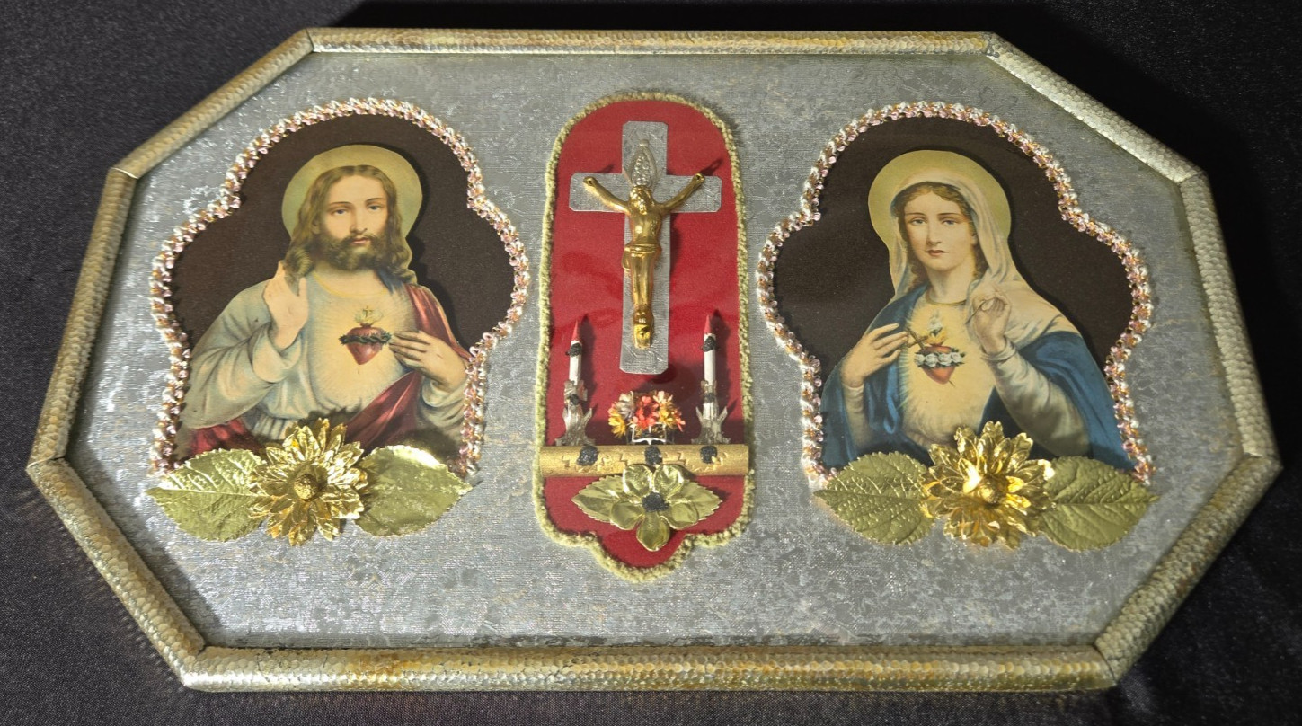 Vintage Sacred Heart Jesus Immaculate Heart Mary Shadow Box Shrine Crucifix 18in