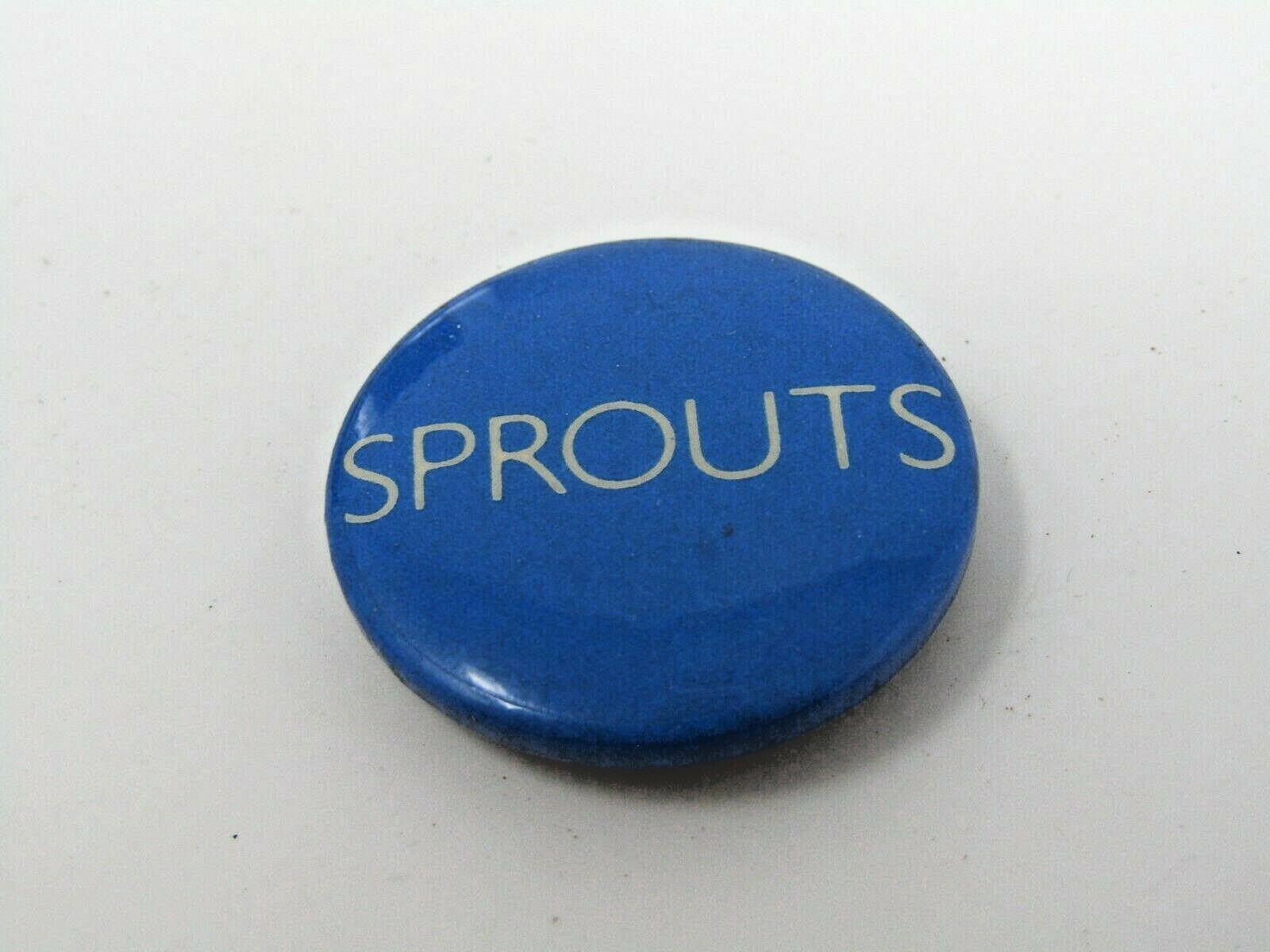 Vintage Sprouts Farmers Market Pinback Button Blue White Lettering Promo